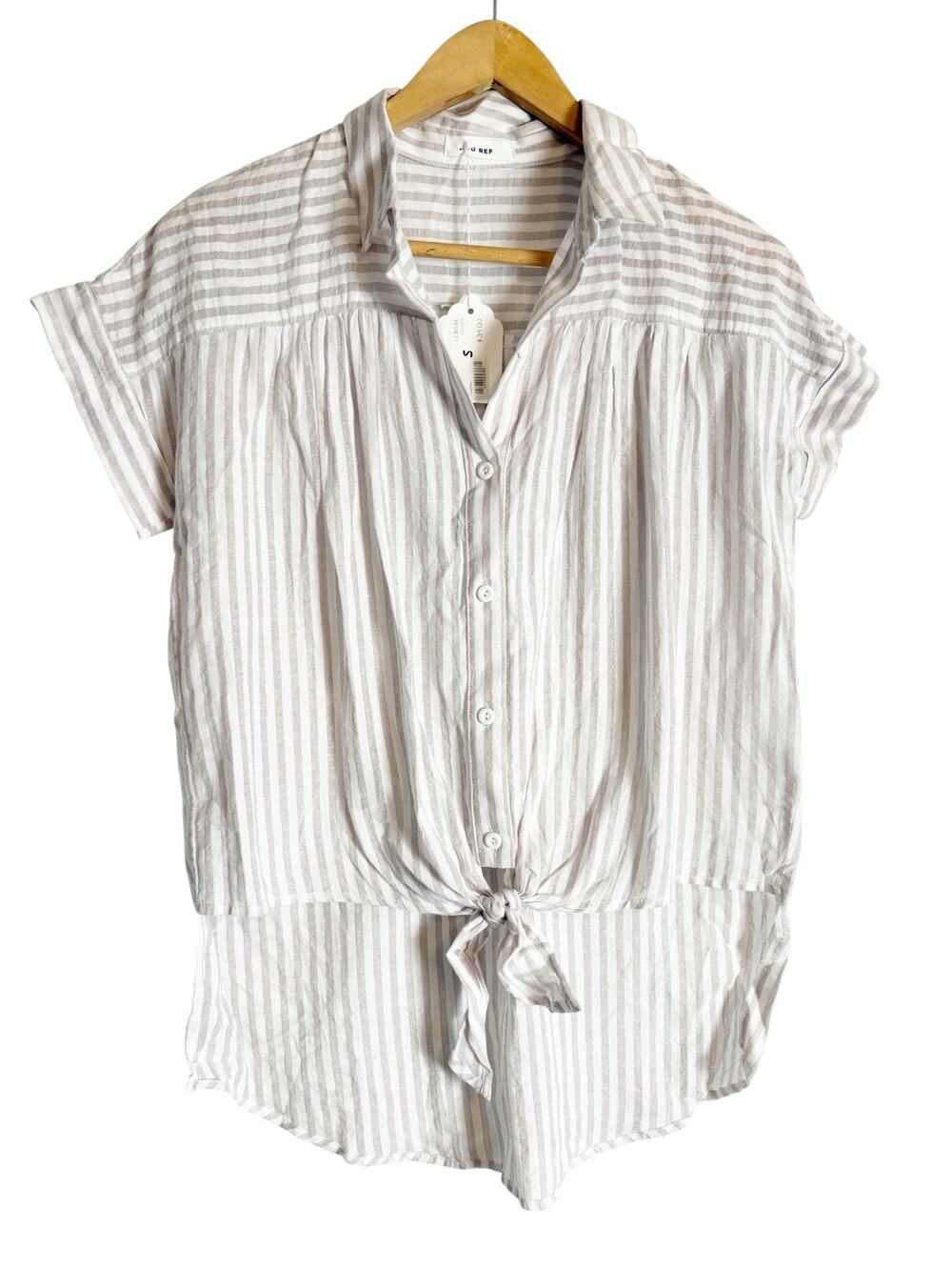 Mod Ref Beige Cream Striped Hi-Low Tie Front Button Up Short Sleeve Cotton Top S